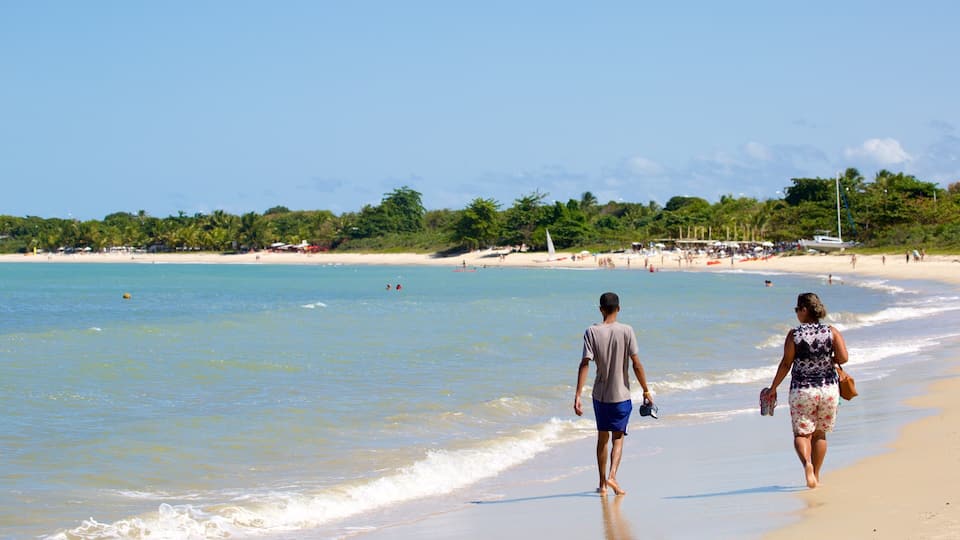 A beach with clear turquoise water, sandy shore, and palm trees.