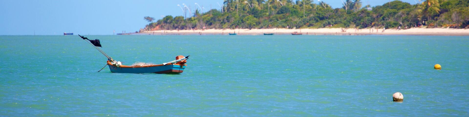 A boat on calm turquoise waters with a sandy beach and palm trees in the background.