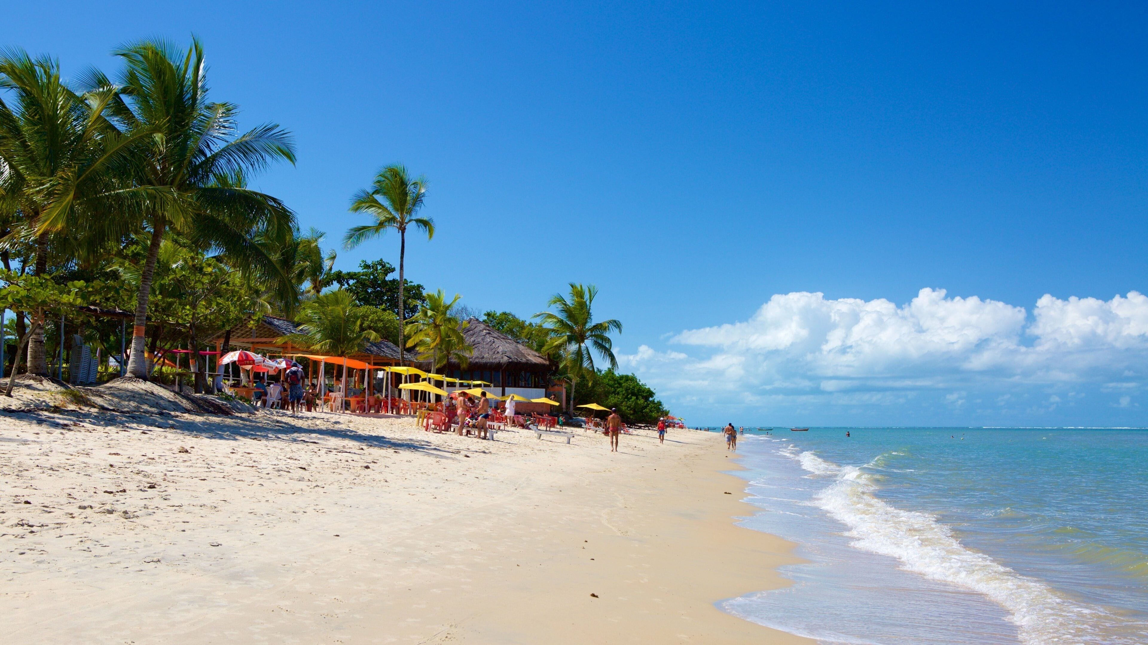 A sandy beach with palm trees, a thatched-roof hut, and colorful umbrellas.