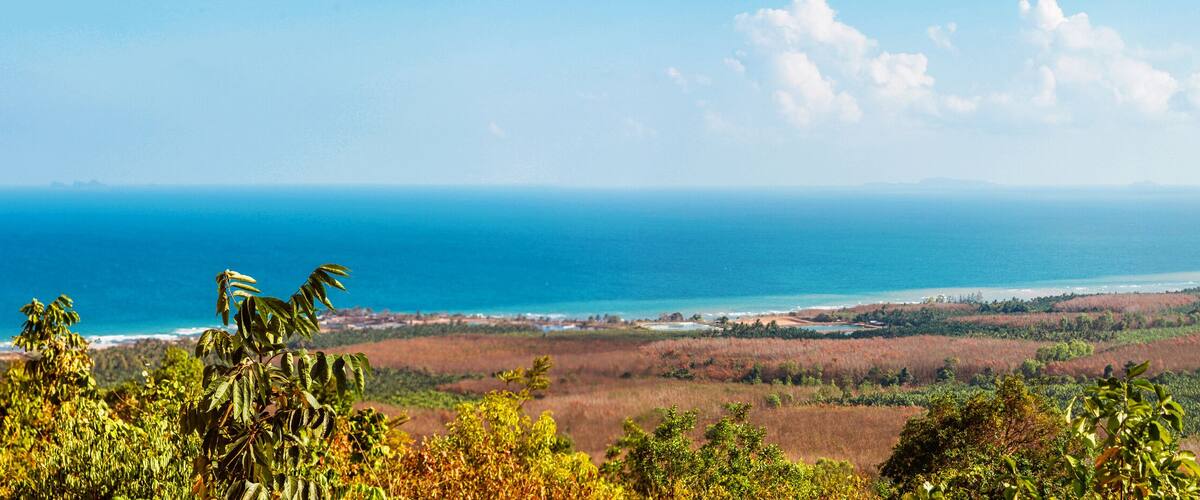 A coastal landscape with a view of the ocean, a beach, and a forested area.