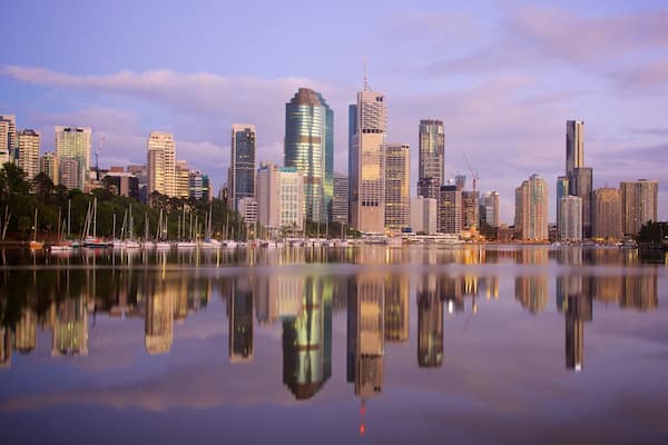 Kangaroo Point Cliffs featuring a river or creek, a sunset and skyline