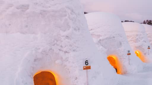 View of glowing snow domes standing majestically in the winter landscape, their warm light contrasting with the icy surroundings, Kamakura Snow Dome Village, Iiyama, Nagano, Japan.