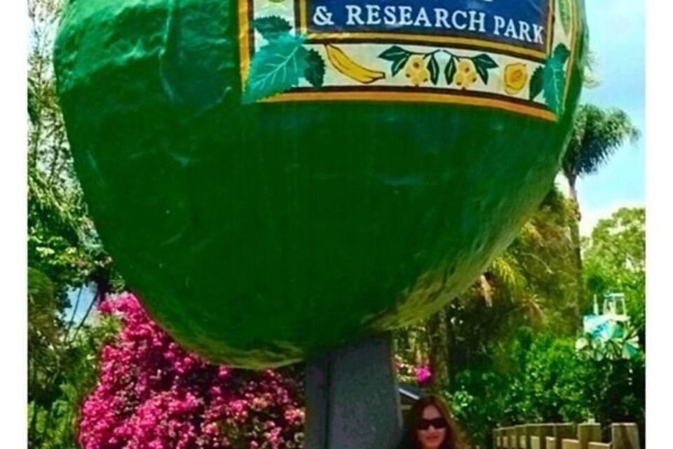 A large green sculpture with a sign reading "Tropical Fruit World & Research Park".