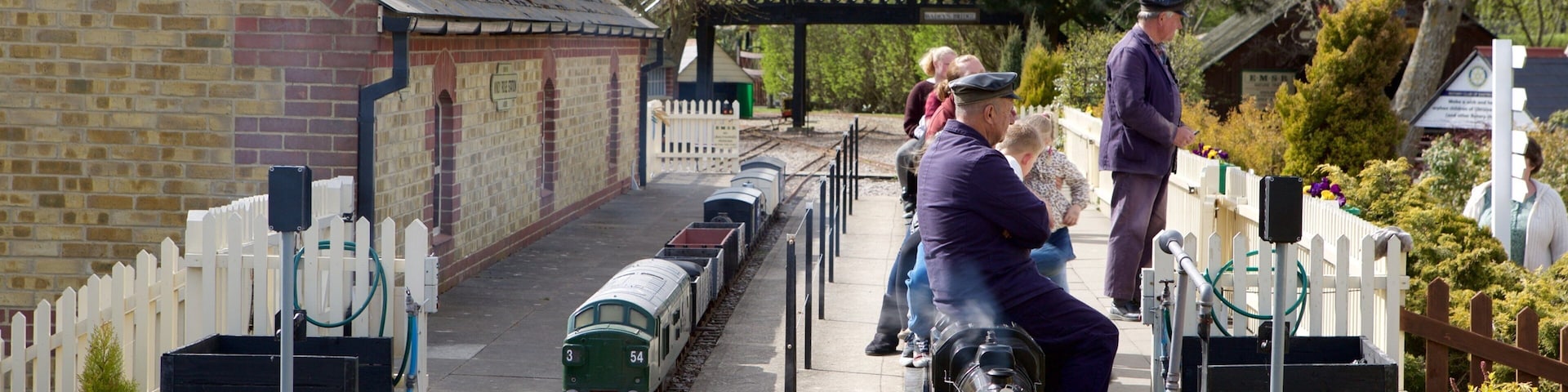 Eastbourne Miniature Steam Railway Adventure Park mostrando itens de ferrovia assim como um pequeno grupo de pessoas