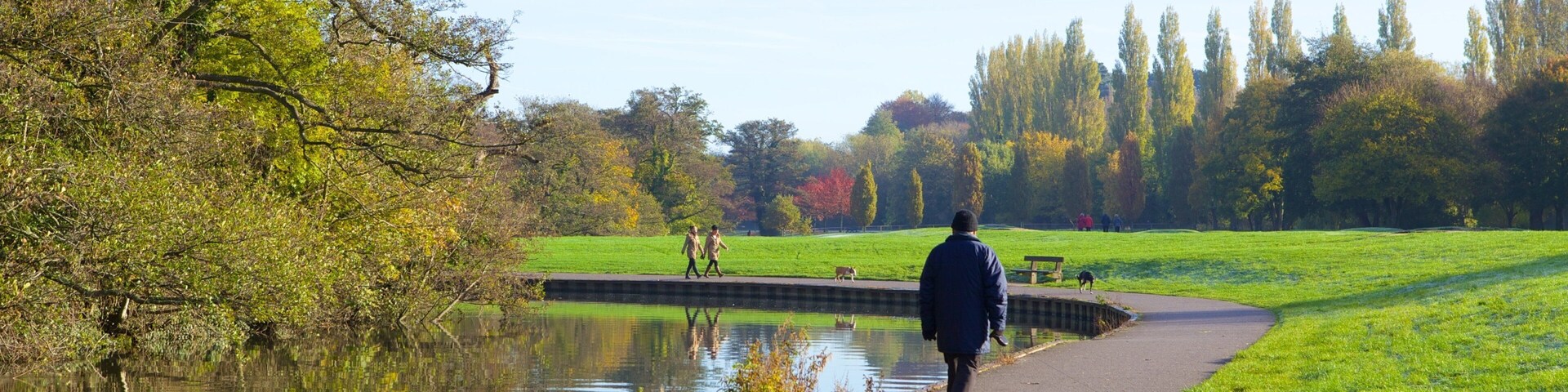 Riverside Park que inclui um lago e um jardim assim como um homem sozinho