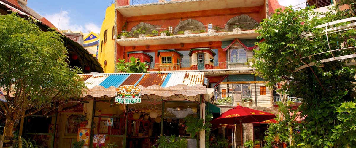 A colorful building with a sign reading 'Depot Island'.
