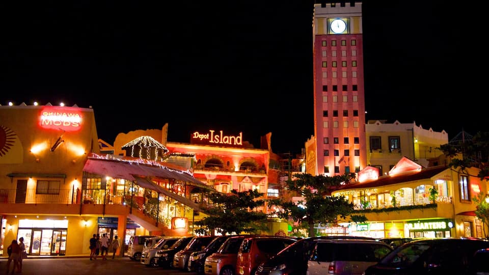 Mihama American Village showing a city and night scenes