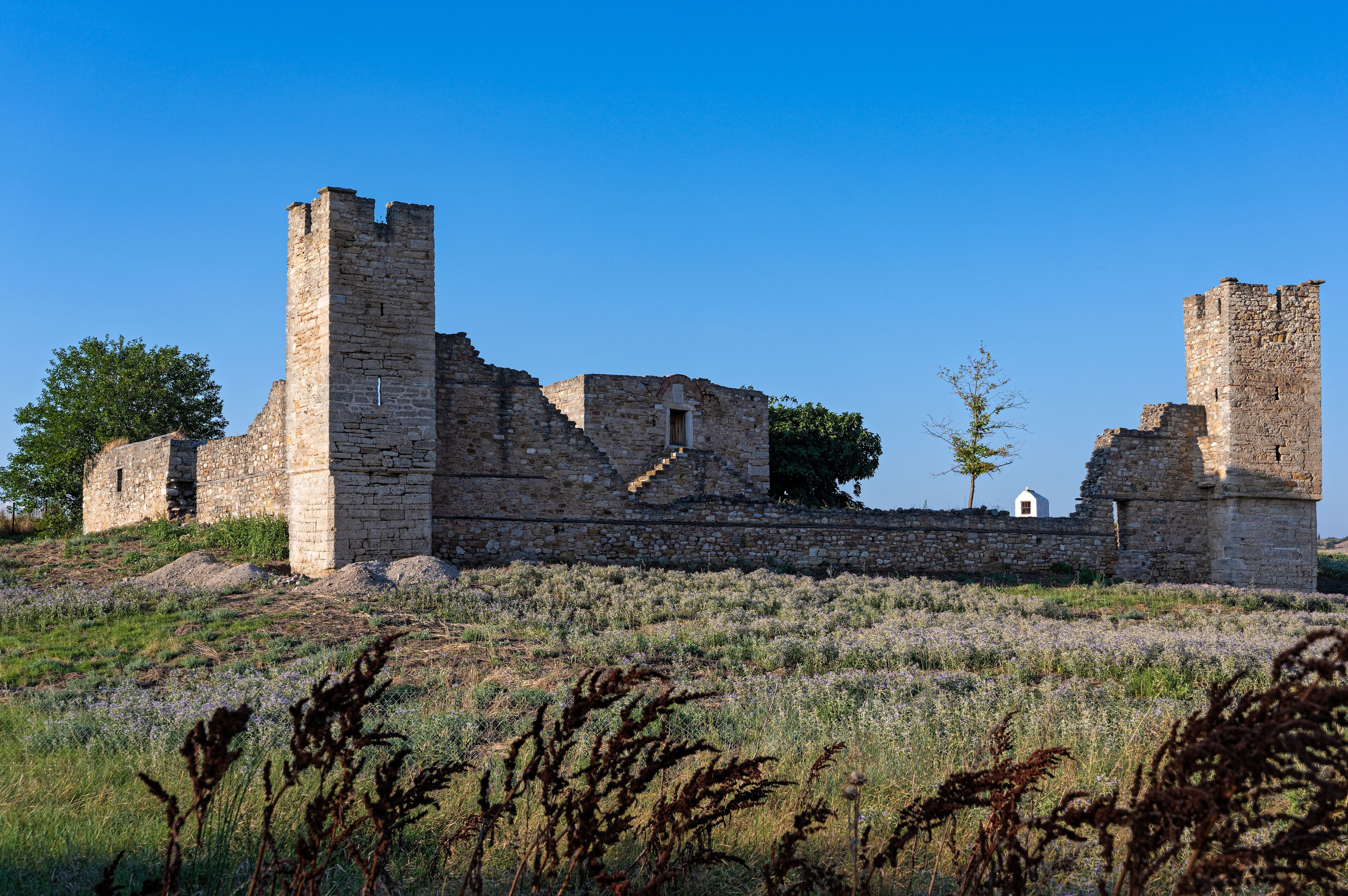 The ruined Dependency or Metochi of Agia Anastasia Monastery, once part of the now vanished Kritziana village in Halkidiki, Greece, built like a castle because of pirates