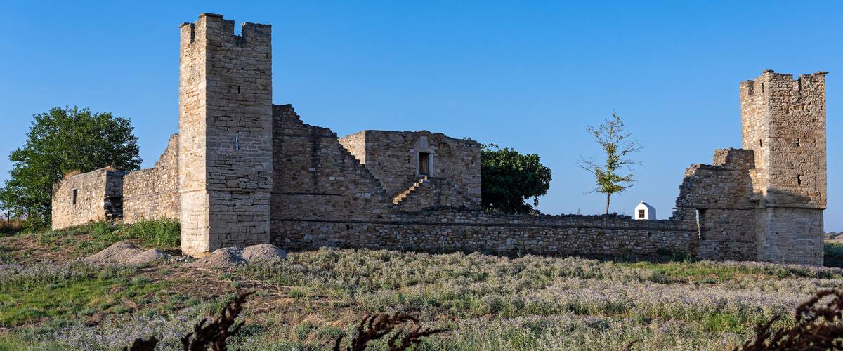 The ruined Dependency or Metochi of Agia Anastasia Monastery, once part of the now vanished Kritziana village in Halkidiki, Greece, built like a castle because of pirates