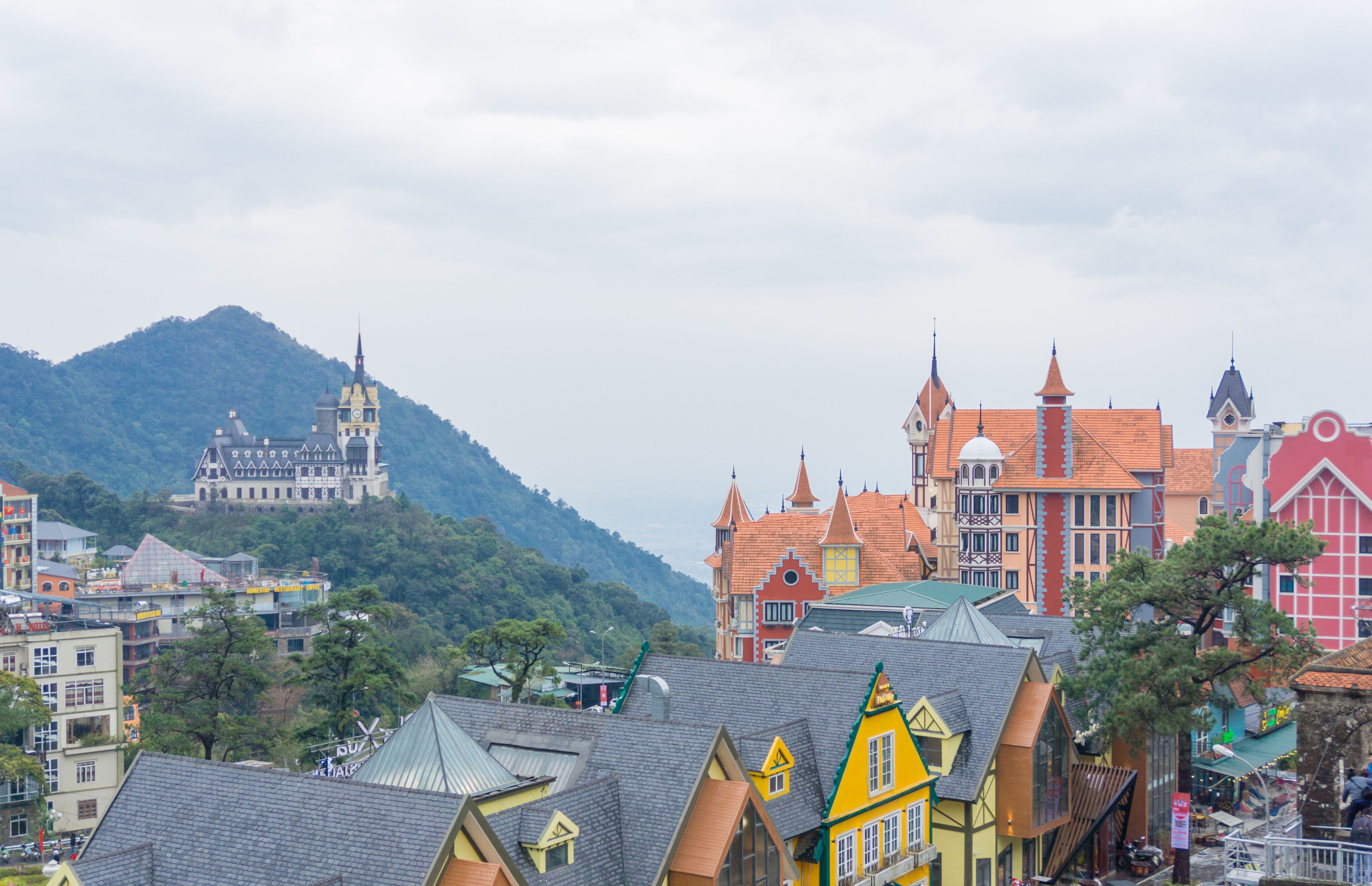 Houses and church of European architecture in Tam Dao, a tourists attraction in Vietnam