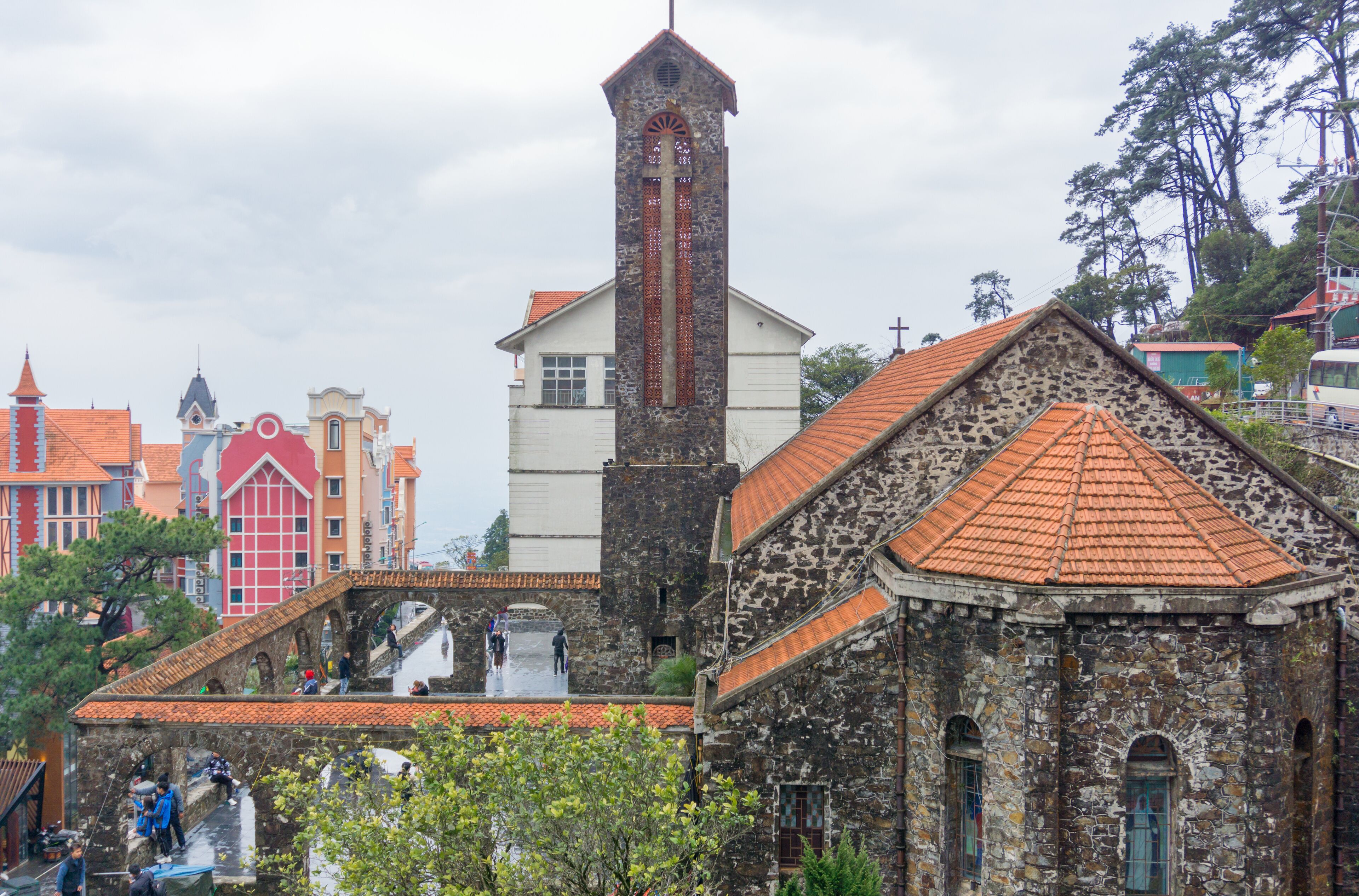 Houses and church of European architecture in Tam Dao, a tourists attraction in Vietnam