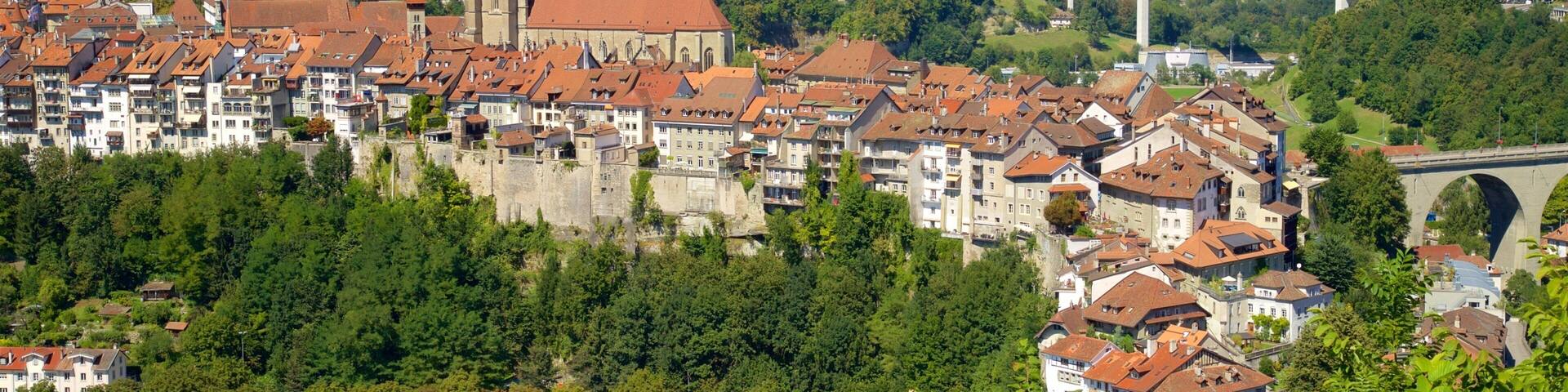 A historic town with a prominent church, a bridge, and lush greenery.