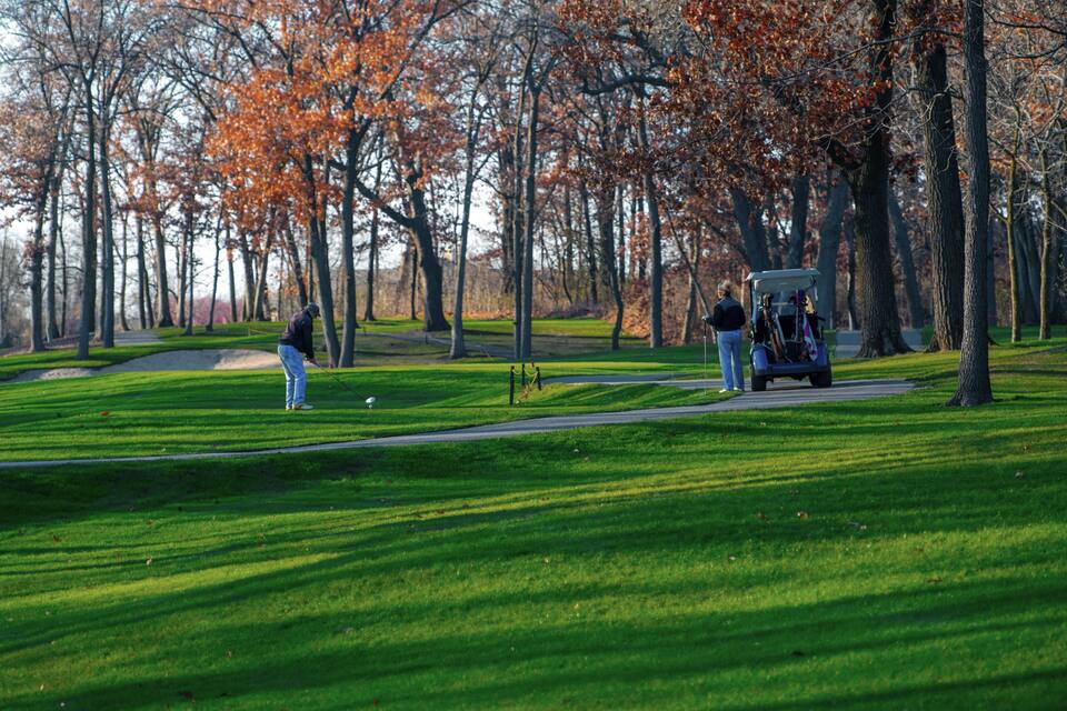 A golf course with a putting green, sand bunker, and a golf cart.