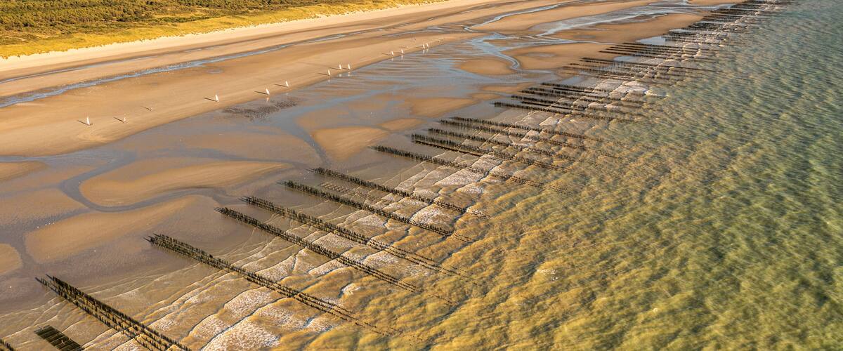 A coastal landscape with a wide sandy beach, clear shallow waters, and distant forested areas.