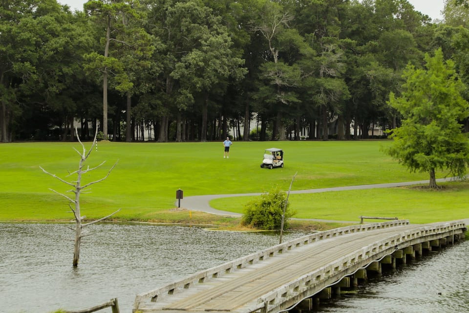 A golf course with a wooden bridge over water, surrounded by trees.
