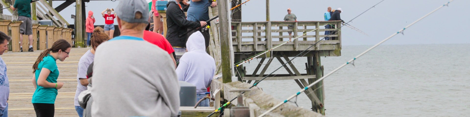 Cherry Grove Pier showing general coastal views and fishing as well as a small group of people