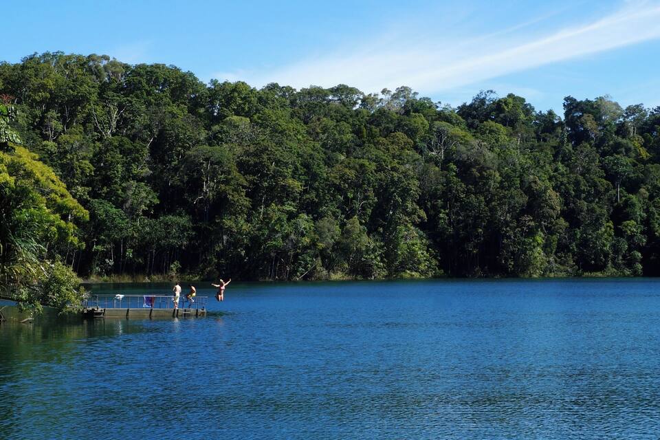 Um lago rodeado por floresta densa.