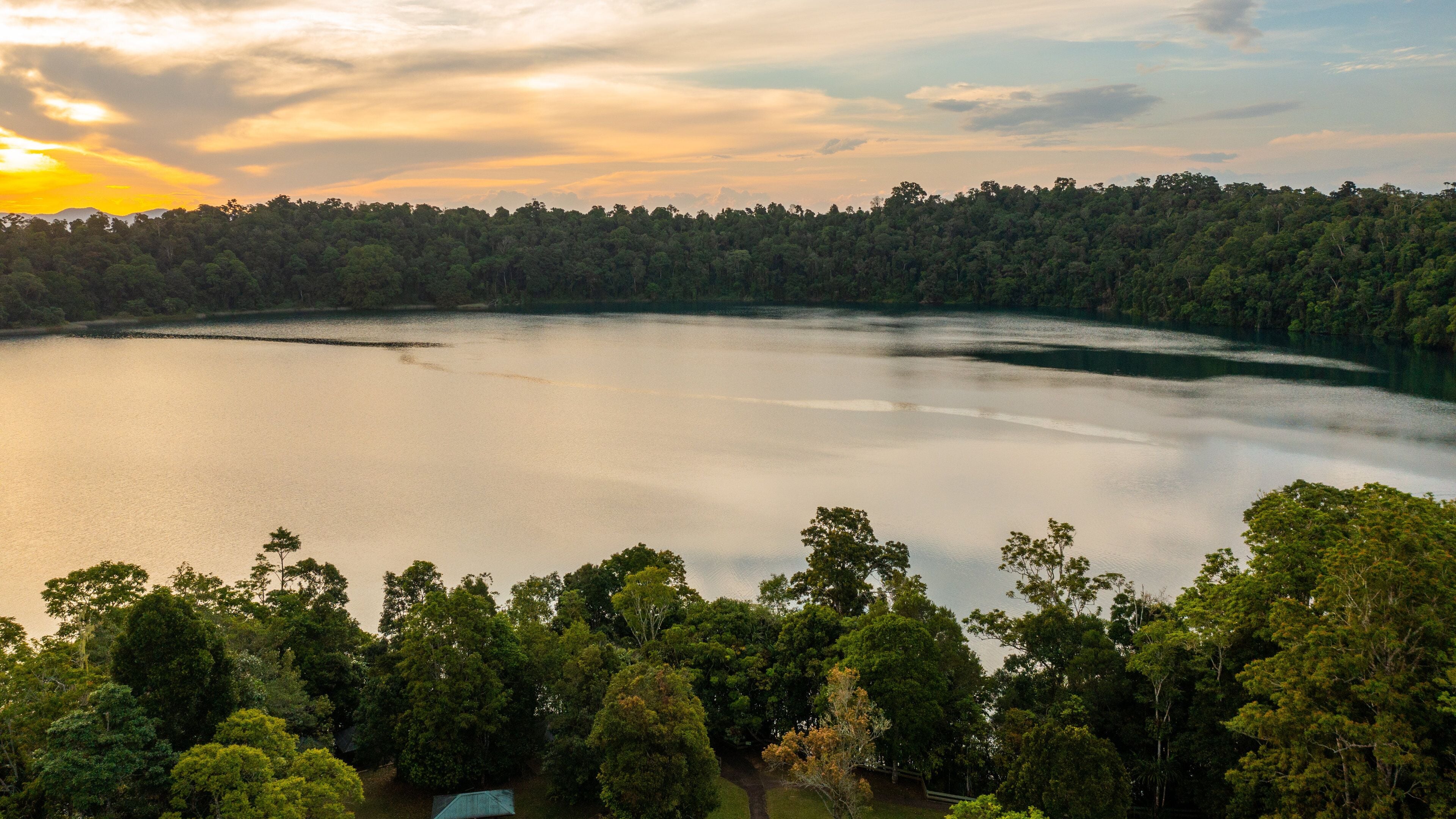 A lake surrounded by dense forest with a clear sky.