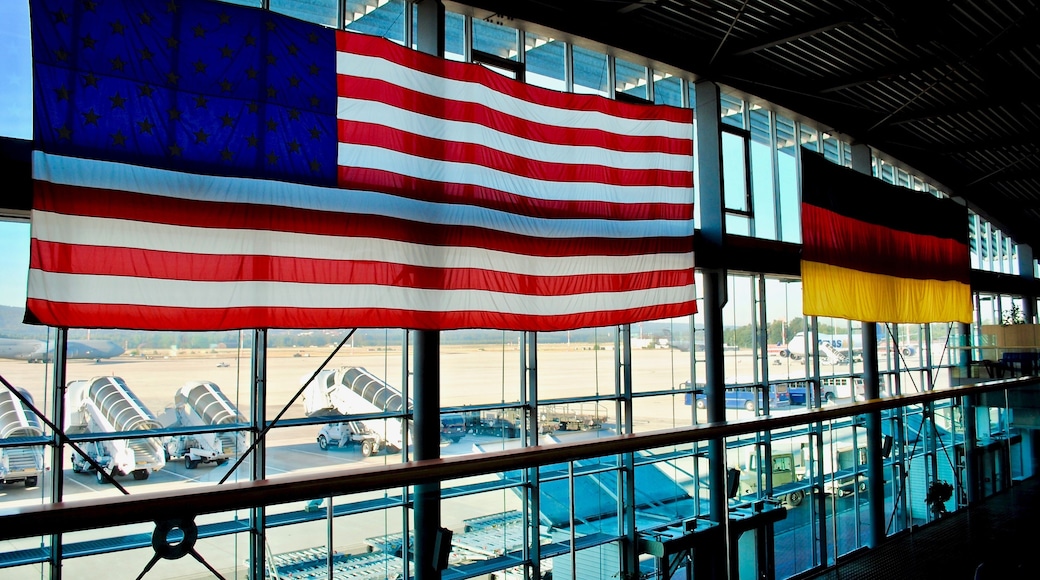 Ramstein, Germany: Ramstein Air Base PAX Passenger terminal. American and German flags hang in the main gateway for the Kaiserslautern Military Community of Americans living in Germany.