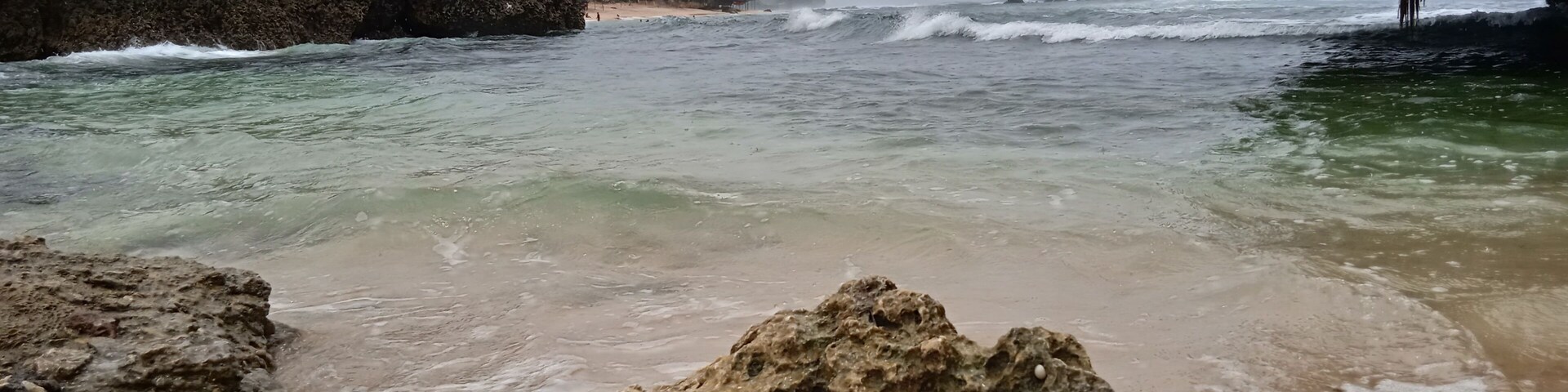 A rocky beach with clear water, a distant shoreline, and lush greenery.