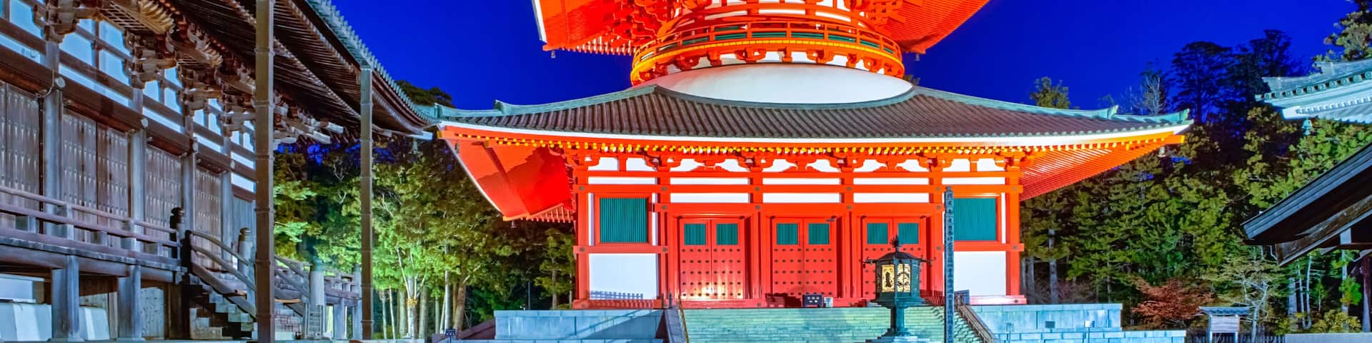 Asian Travel Destinations. Night Shot of Danjo Garan Sacred Temple Complex with Konpon Daito (Great pagoda) at Mount Koya (Koyasan) in Japan