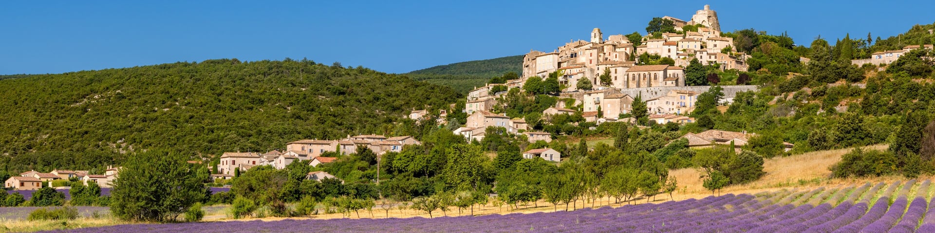 The Provence hilltop perched village of Simiane-la-Rotonde in summer with lavender filed. Alpes-de-Hautes-Provence, France