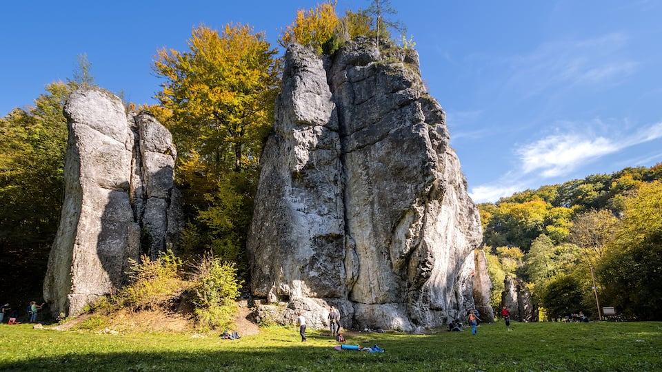 A large rock formation with a grassy foreground and trees in the background.