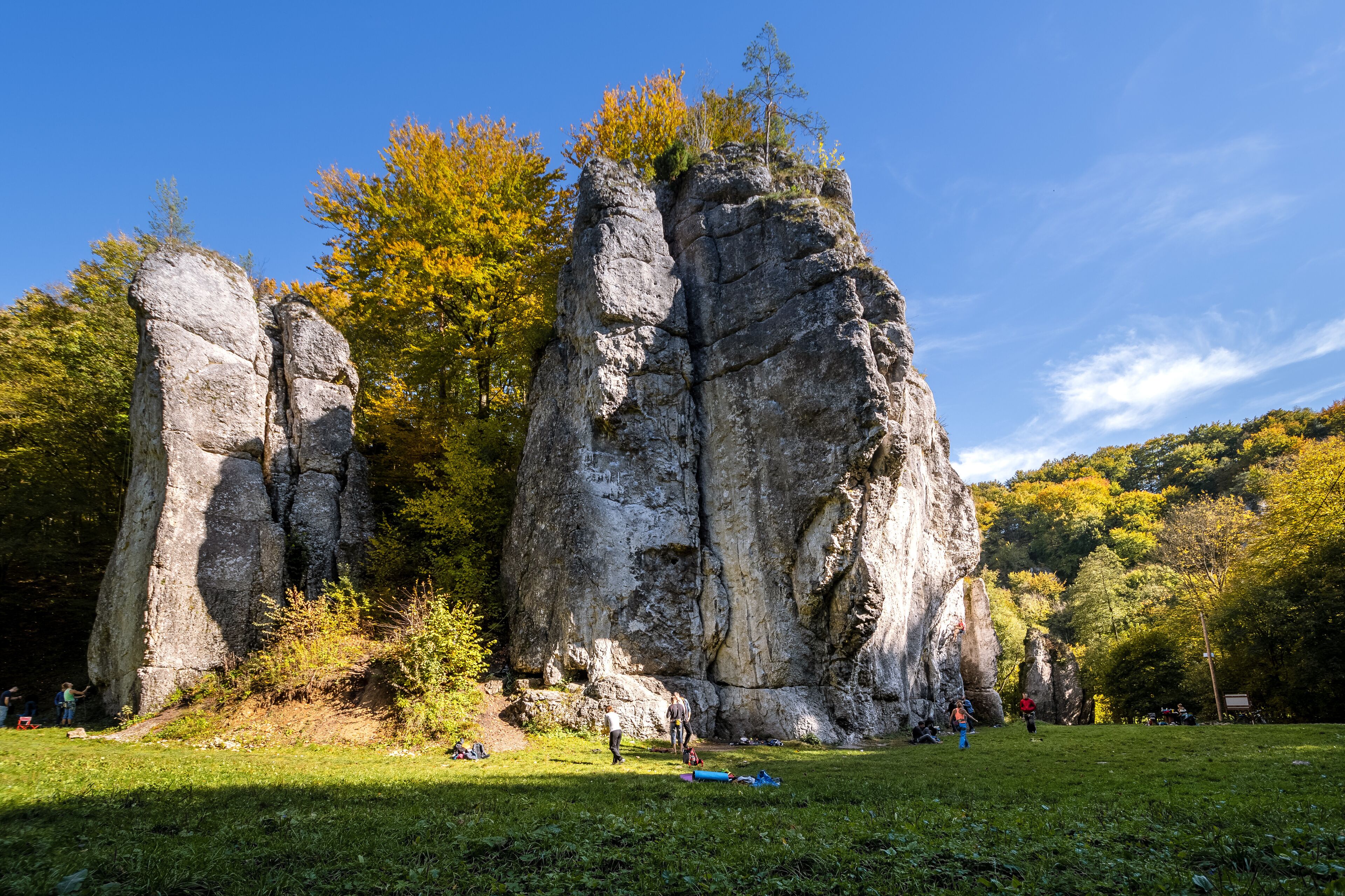 A large rock formation with a grassy foreground and trees in the background.