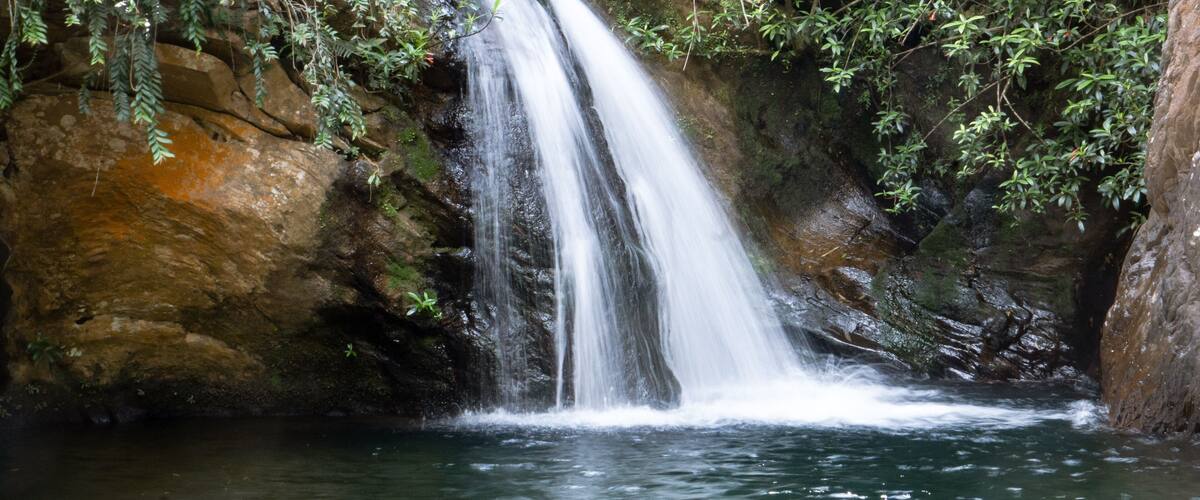 A waterfall cascading down a rocky cliff surrounded by lush greenery.