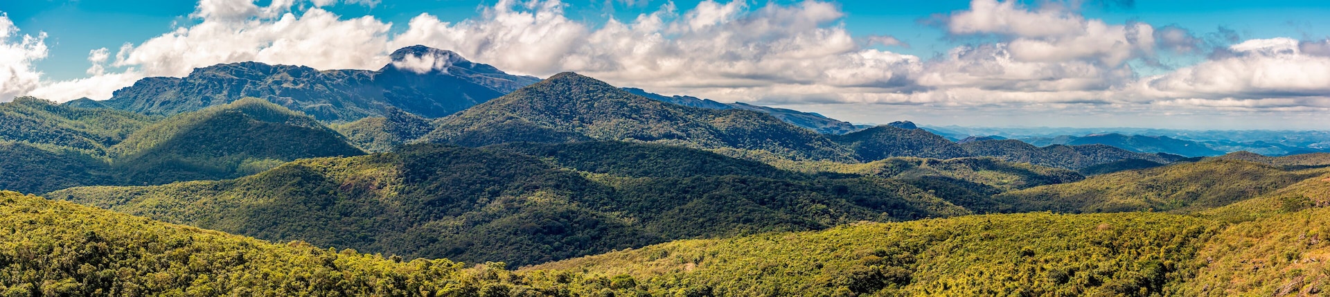Un paisaje montañoso con densos bosques verdes y un pico prominente bajo un cielo parcialmente nublado.