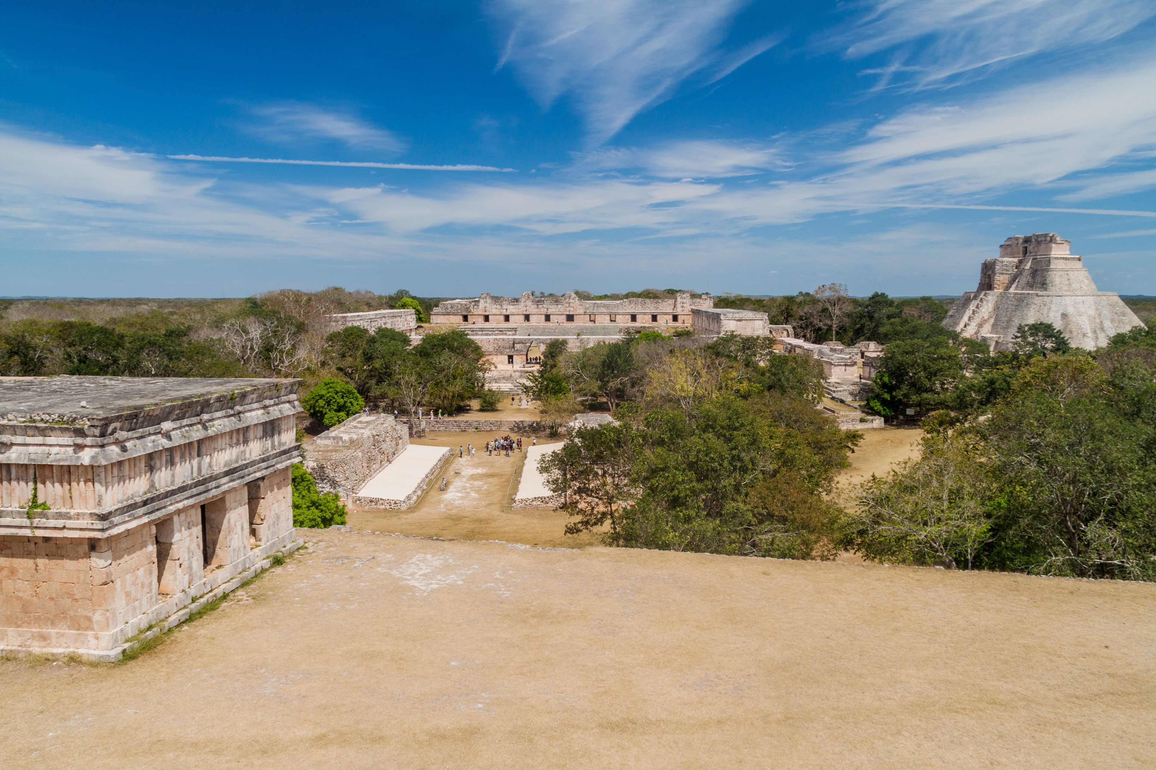 Nun's Quadrangle (Cuadrangulo de las Monjas) building complex and the Pyramid of the Magician (Piramide del adivino)  at the ruins of the ancient Mayan city Uxmal, Mexico