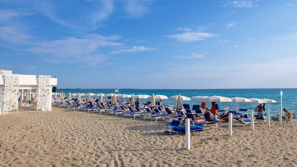 A beach with rows of sun loungers and umbrellas, a building with a decorative facade, and the ocean in the background.
