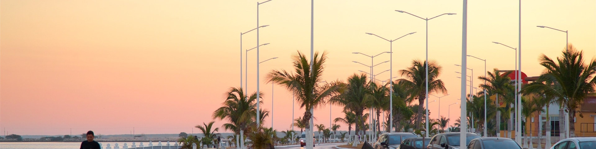 Campeche Waterfront Promenade featuring a sunset, a bay or harbor and a garden