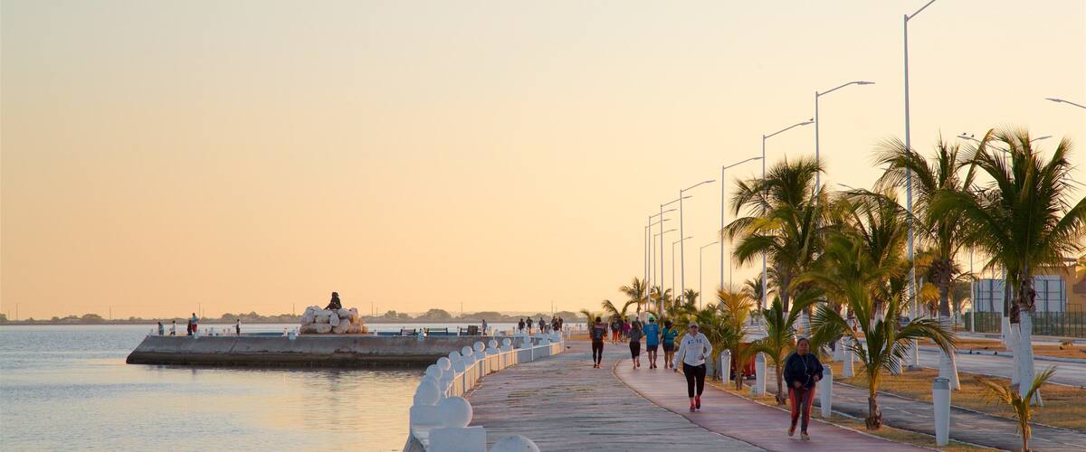 Campeche Waterfront Promenade showing a bay or harbour, hiking or walking and a sunset