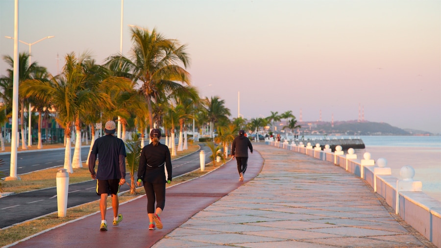 Campeche Waterfront Promenade welches beinhaltet Wandern oder Spazieren und Sonnenuntergang sowie Paar