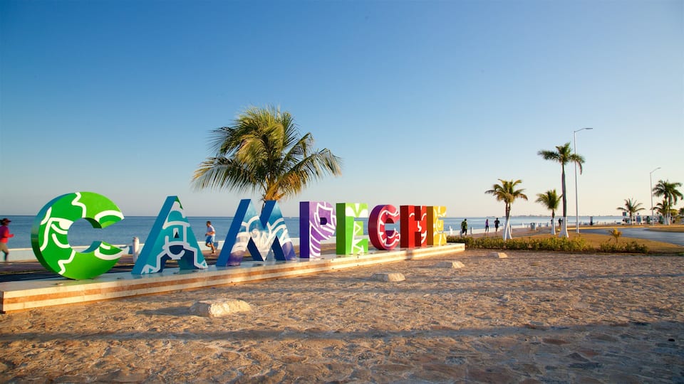 Campeche Waterfront Promenade showing general coastal views, signage and a sunset