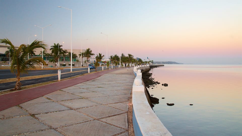Campeche Waterfront Promenade showing a sunset and general coastal views
