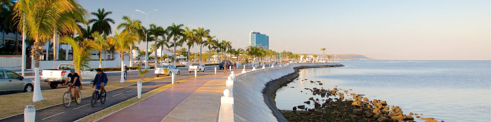 Campeche Waterfront Promenade which includes a sunset, road cycling and general coastal views