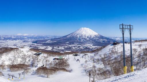 Panorama view of snowy volcano and slopes on a clear day in early spring (Niseko Mt.Resort Grand Hirafu, Hokkaido, Japan)