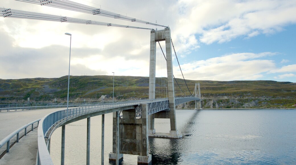 Kvalsund Bridge showing a suspension bridge or treetop walkway