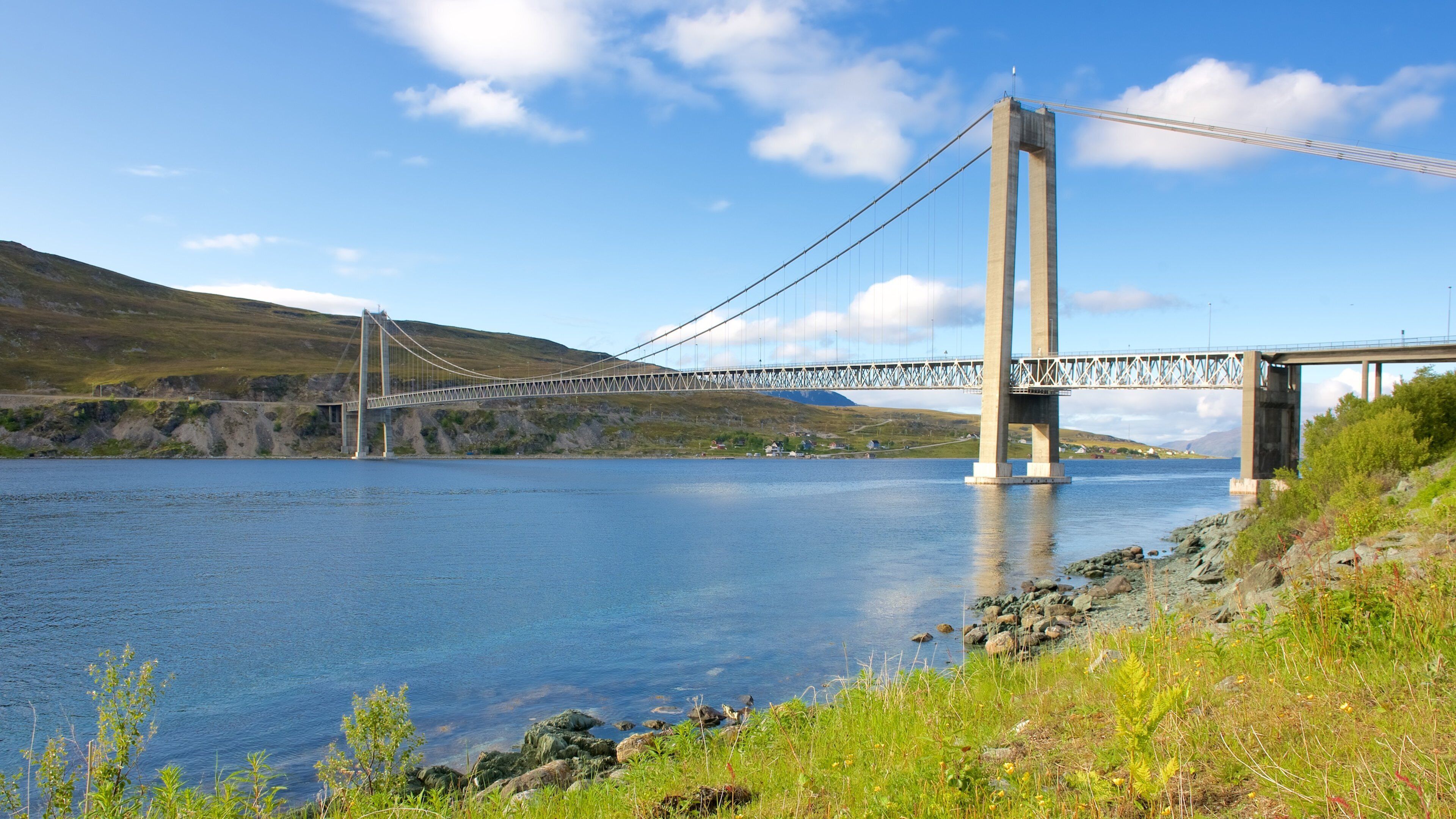 Kvalsund Bridge which includes general coastal views and a suspension bridge or treetop walkway