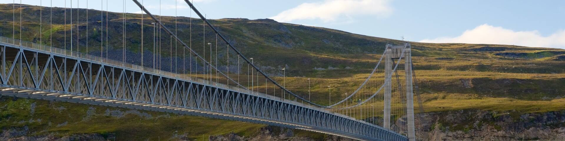 A suspension bridge over a body of water with a hilly landscape in the background.