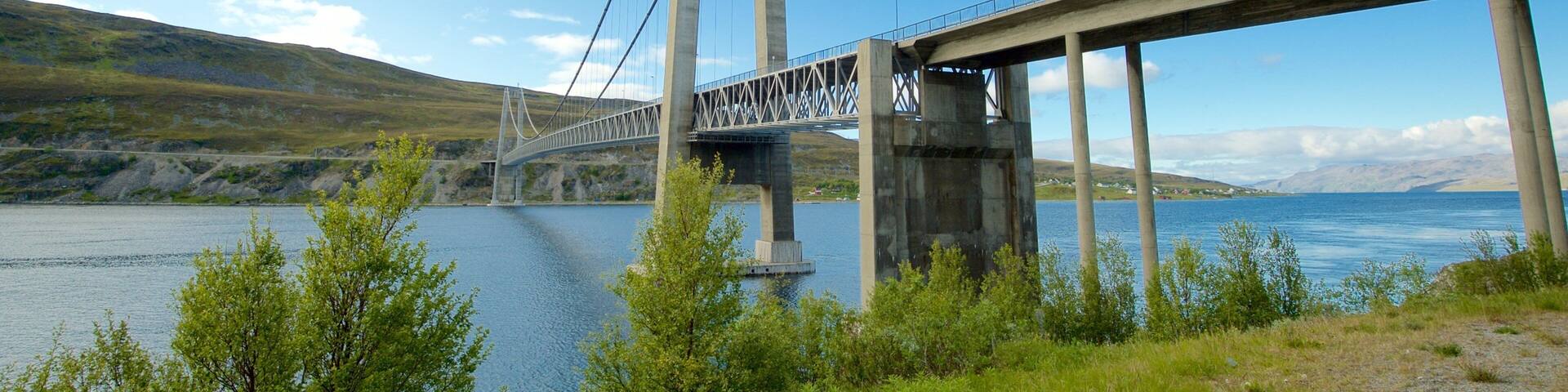 Kvalsund Bridge showing a suspension bridge or treetop walkway and general coastal views