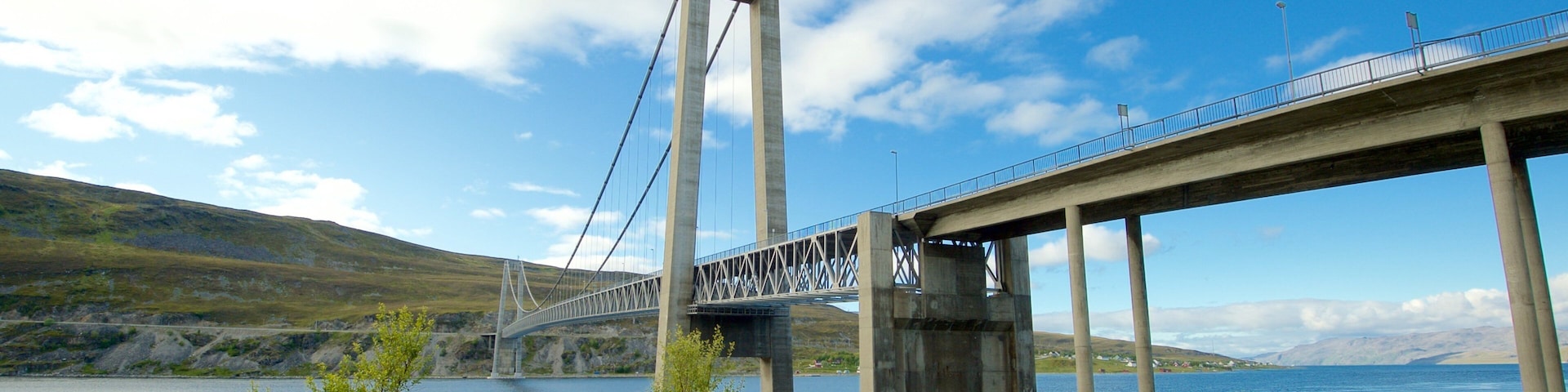 Kvalsund Bridge showing a suspension bridge or treetop walkway and general coastal views