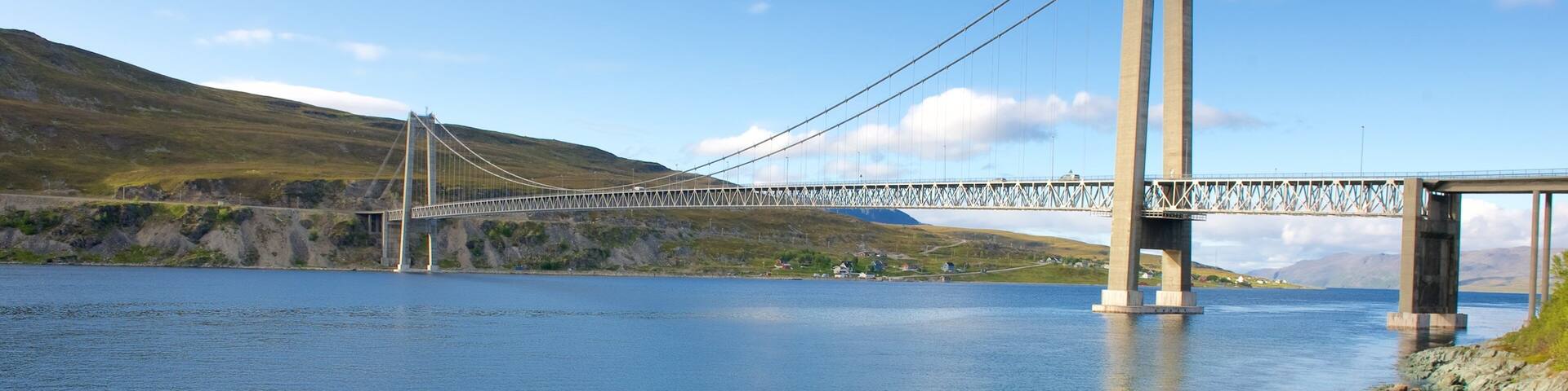 Kvalsund Bridge featuring a suspension bridge or treetop walkway and general coastal views