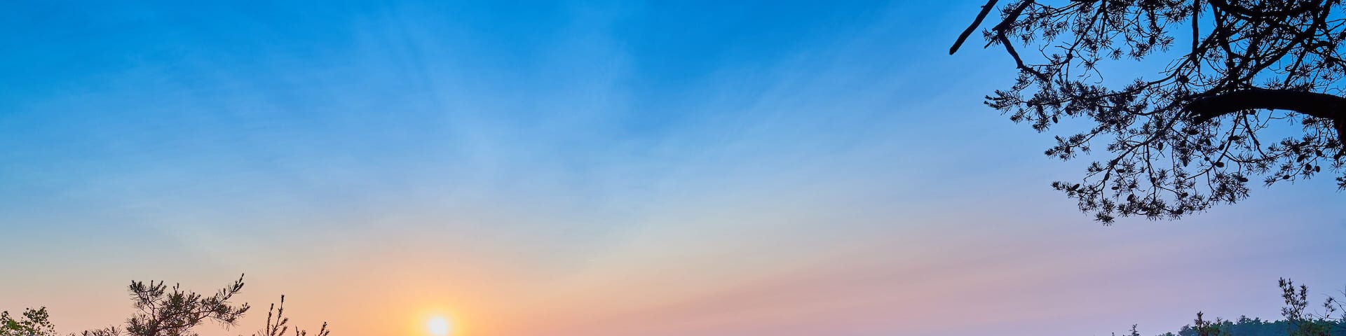 A sunrise over a forested mountain range with mist and sunlight filtering through the trees.