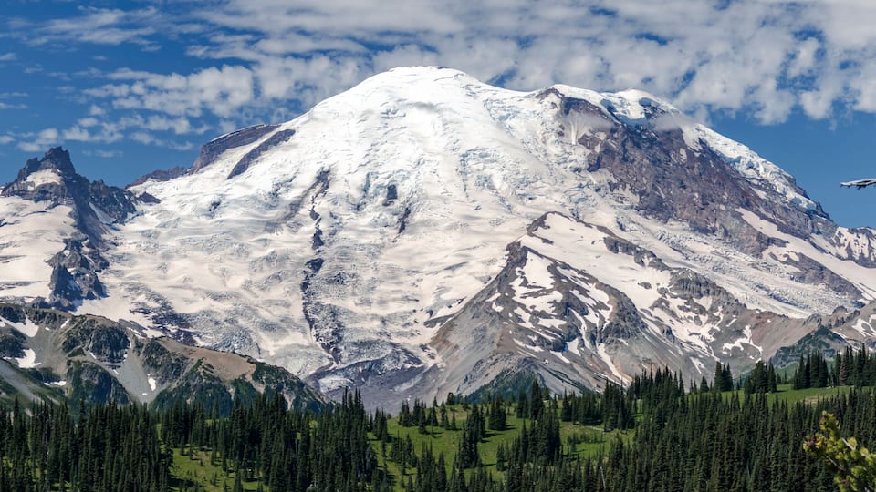 A snow-covered mountain with a prominent peak, surrounded by dense forests and a clear blue sky.