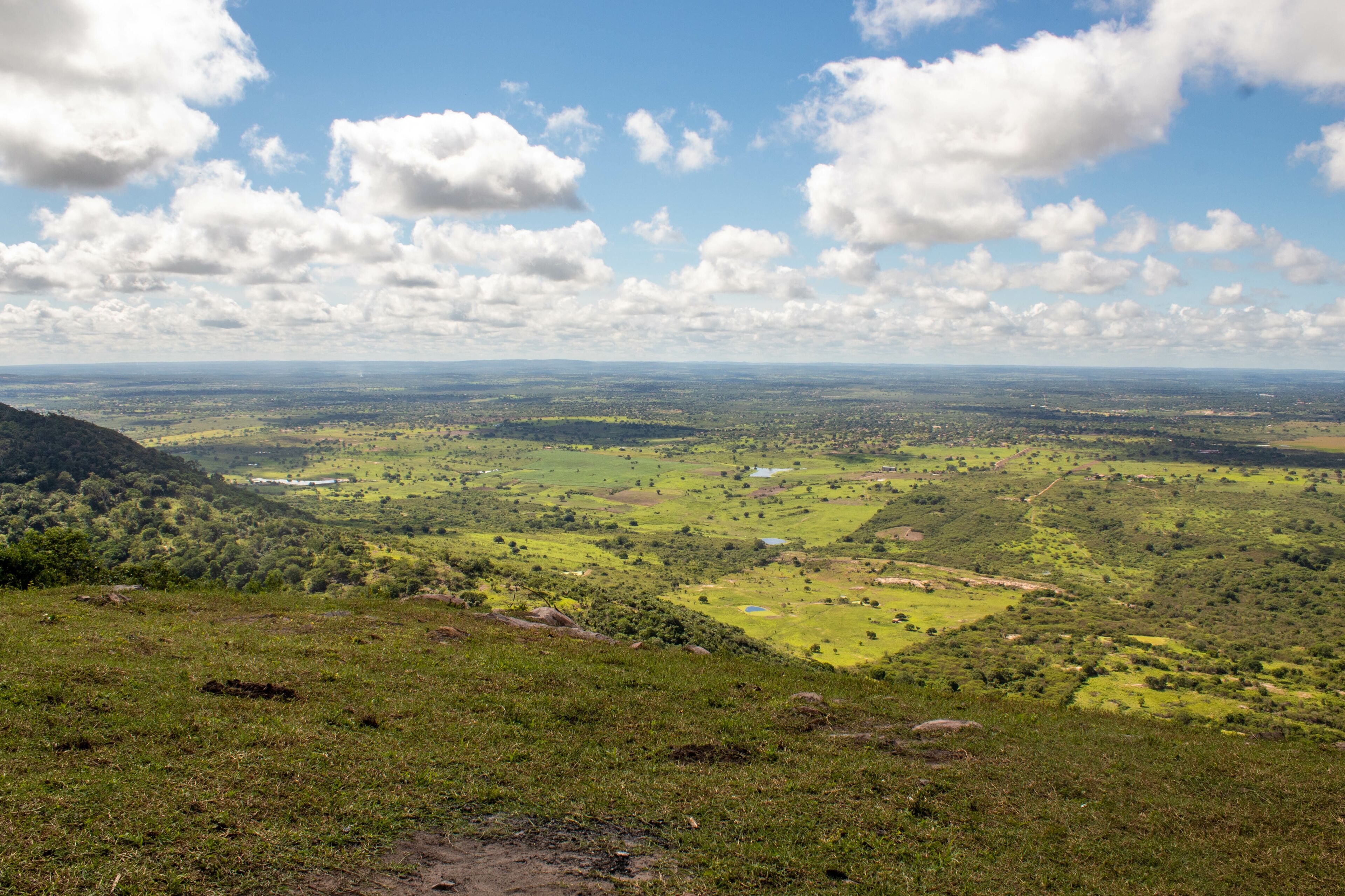 A panoramic view of a lush green valley with scattered trees and a distant mountain range under a partly cloudy sky.