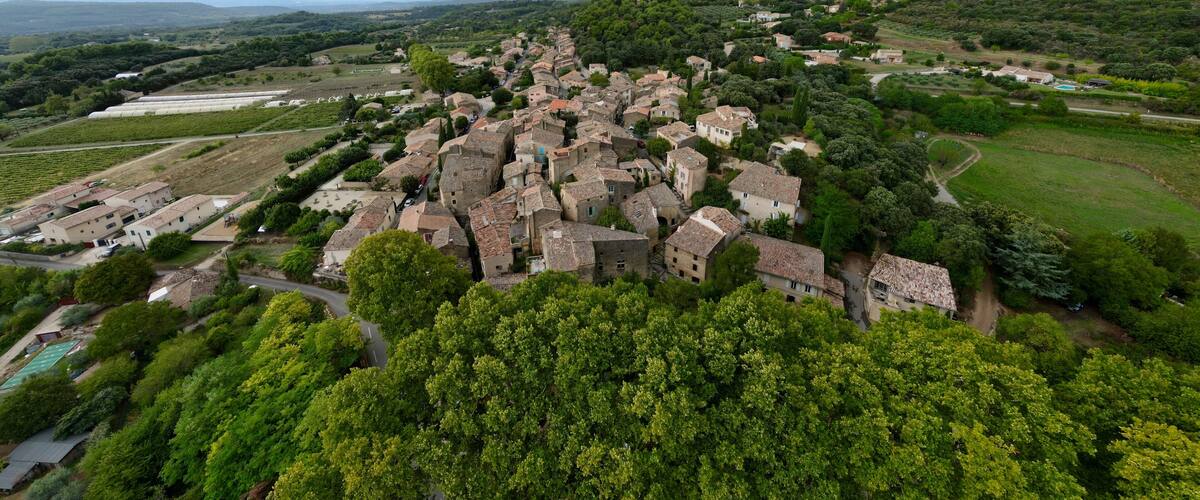 A village with terracotta-roofed houses surrounded by lush greenery and vineyards.