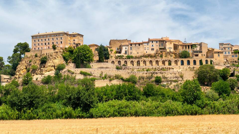 A historic town with buildings on a hillside, an arched bridge, and a field in the foreground.